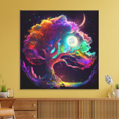 カラフルツリーオブライフムーン銀河系ファンタジー キャンバスプリント (インサイチュ (リビング))