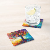 カラフルツリーオブライフレインボーセレニティ自然アート スクエアペーパーコースター (インサイチュ)