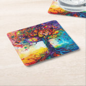 カラフルツリーオブライフレインボーセレニティ自然アート スクエアペーパーコースター (アングル)