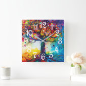 カラフルツリーオブライフレインボーセレニティ自然アート スクエア壁時計 (ホーム)