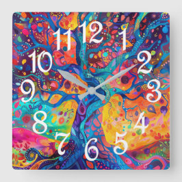 カラフルツリーオブライフレインボーセレニティ自然アート スクエア壁時計