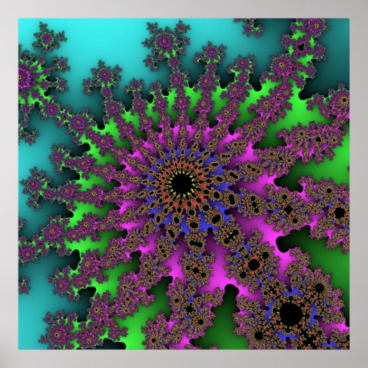 カラフルティール（緑がかった色）、緑および紫のフラクタル ポスター (正面)