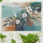 カラフルティール(緑がかった色)離れフローラ抽象芸術ブルーラストタン キッチンタオル (折り畳み)