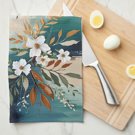 カラフルティール(緑がかった色)離れフローラ抽象芸術ブルーラストタン キッチンタオル (四つ折り)