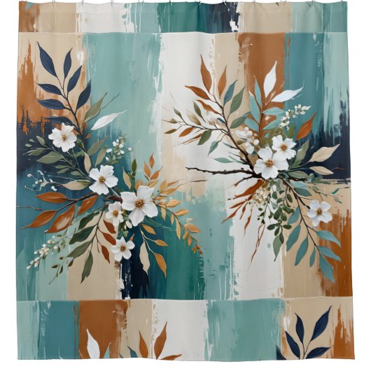 カラフルティール（緑がかった色）離れフローラ抽象芸術ブルーラストタン シャワーカーテン (正面)