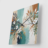 カラフルティール(緑がかった色)離れフローラ抽象芸術ブルーラストタン スクエア壁時計 (傾斜)