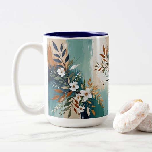 カラフルティール(緑がかった色)離れフローラ抽象芸術ブルーラストタン ツートーンマグカップ (ドーナツ)