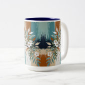 カラフルティール(緑がかった色)離れフローラ抽象芸術ブルーラストタン ツートーンマグカップ (正面右)