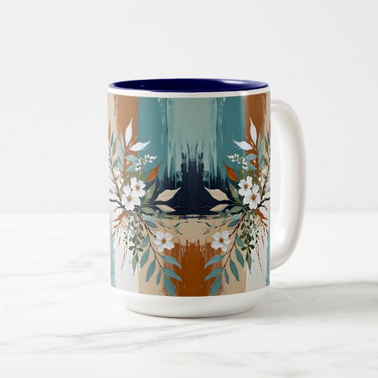 カラフルティール(緑がかった色)離れフローラ抽象芸術ブルーラストタン ツートーンマグカップ (正面右)