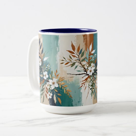 カラフルティール(緑がかった色)離れフローラ抽象芸術ブルーラストタン ツートーンマグカップ (正面左)