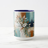 カラフルティール(緑がかった色)離れフローラ抽象芸術ブルーラストタン ツートーンマグカップ (中央)