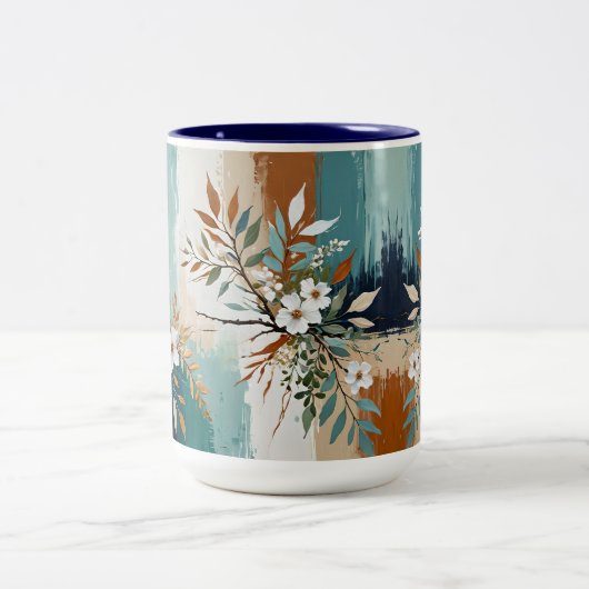 カラフルティール(緑がかった色)離れフローラ抽象芸術ブルーラストタン ツートーンマグカップ (中央)