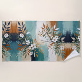 カラフルティール（緑がかった色）離れフローラ抽象芸術ブルーラストタン ビーチタオル (正面)