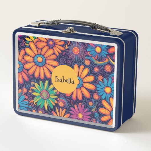 カラフルデイジーの花の素朴なサイケデリック模様 メタルランチボックス (正面)