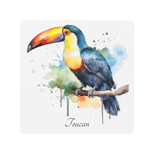 カラフルトゥーカンの枝の上に座る メタルプリント (正面)