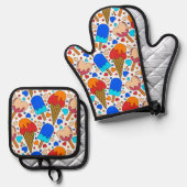 カラフルトレンディーアイスクリーム、ハートおよびドット 鍋つかみ&鍋敷きセット (正面/裏面)
