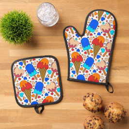 カラフルトレンディーアイスクリーム、ハートおよびドット 鍋つかみ&鍋敷きセット