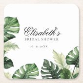 カラフルトロピカルフラル | 緑豊かな ブライダルシャワー スクエアペーパーコースター (正面)