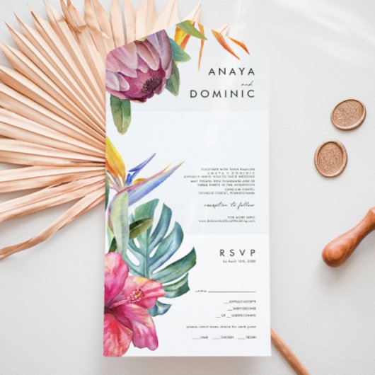 カラフルトロピカルフラワーズ | 写真とスタンプを送る オールインワン招待状