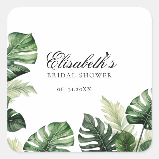 カラフルトロピカルフラワーズ | 緑豊かな ブライダルシャワー スクエアシール (正面)