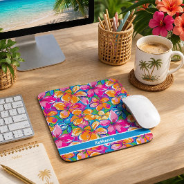 カラフルトロピカルフラワーパターン マウスパッド