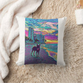 カラフルドッグユニークオンビーチ芸術枕 クッション (ブランケット)