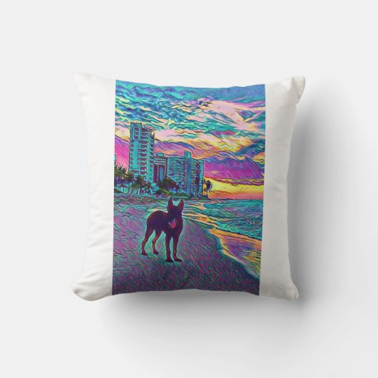 カラフルドッグユニークオンビーチ芸術枕 クッション (正面)