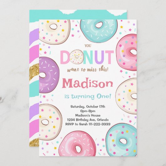 カラフルドーナツ振りかける子供の誕生日招待状 招待状 (正面/裏面)