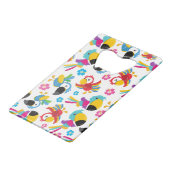 カラフルニンジン、熱帯のニンジン、鳥、花 クレジットカード栓抜き (正面アングル)