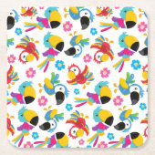 カラフルニンジン、熱帯のニンジン、鳥、花 スクエアペーパーコースター (正面)