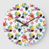 カラフルニンジン、熱帯のニンジン、鳥、花 ラージ壁時計 (正面)