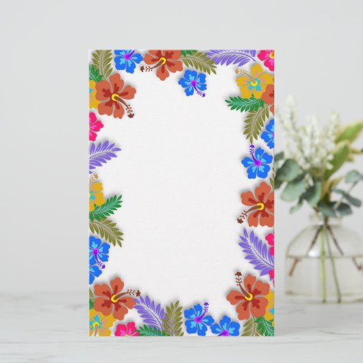 カラフルハイビスカスガーデン縁どホワ空白のイト紙 便箋 (スタンド正面)