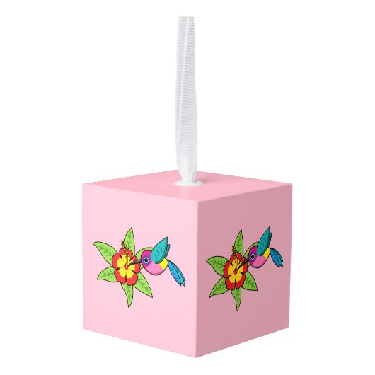 カラフルハイビスカス熱帯花のハミングバード キューブオーナメント (裏面アングル)