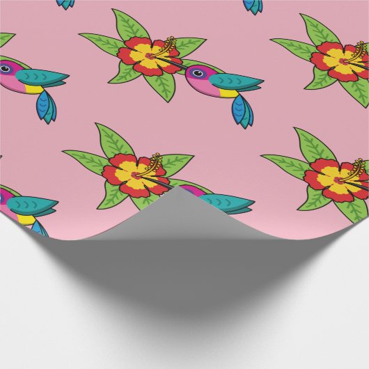 カラフルハイビスカス熱帯花のハミングバード ラッピングペーパー (角)