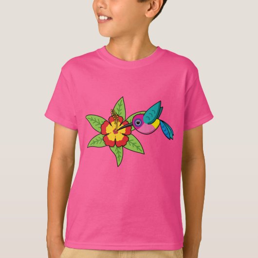 カラフルハイビスカス熱帯花のハミングバード Tシャツ (正面)