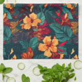 カラフルハイビスカス、イエローオレンジグリーンフローラ キッチンタオル (折り畳み)