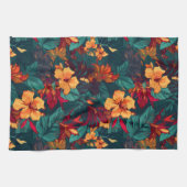 カラフルハイビスカス、イエローオレンジグリーンフローラ キッチンタオル (横)