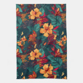 カラフルハイビスカス、イエローオレンジグリーンフローラ キッチンタオル (縦)