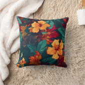 カラフルハイビスカス、イエローオレンジグリーンフローラ クッション (ブランケット)