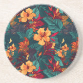 カラフルハイビスカス、イエローオレンジグリーンフローラ コースター (正面)