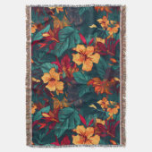 カラフルハイビスカス、イエローオレンジグリーンフローラ スローブランケット (正面縦)