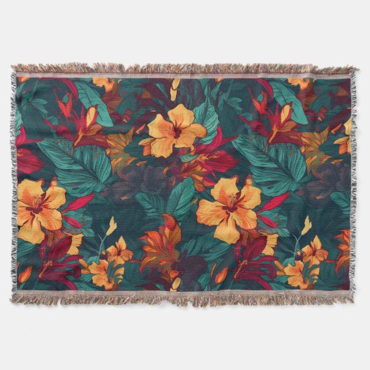 カラフルハイビスカス、イエローオレンジグリーンフローラ スローブランケット (正面)