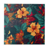 カラフルハイビスカス、イエローオレンジグリーンフローラ タイル (正面)