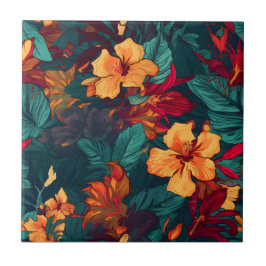 カラフルハイビスカス、イエローオレンジグリーンフローラ タイル