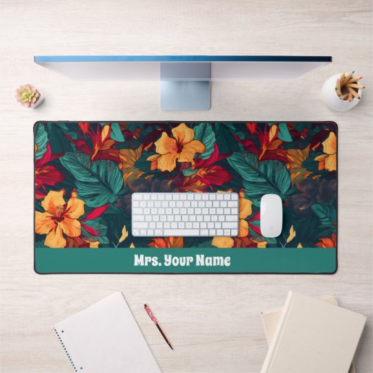 カラフルハイビスカス、イエローオレンジグリーンフローラ デスクマット (オフィス1)