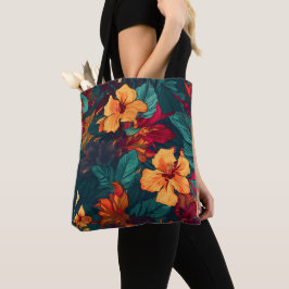 カラフルハイビスカス、イエローオレンジグリーンフローラ トートバッグ