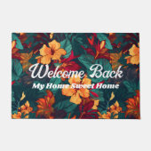 カラフルハイビスカス、イエローオレンジグリーンフローラ ドアマット (正面)