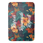 カラフルハイビスカス、イエローオレンジグリーンフローラ バスマット (正面縦)