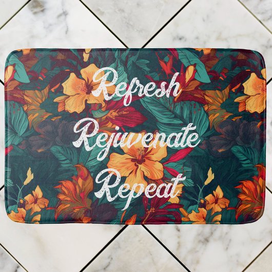 カラフルハイビスカス、イエローオレンジグリーンフローラ バスマット