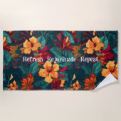 カラフルハイビスカス、イエローオレンジグリーンフローラ ビーチタオル (正面)